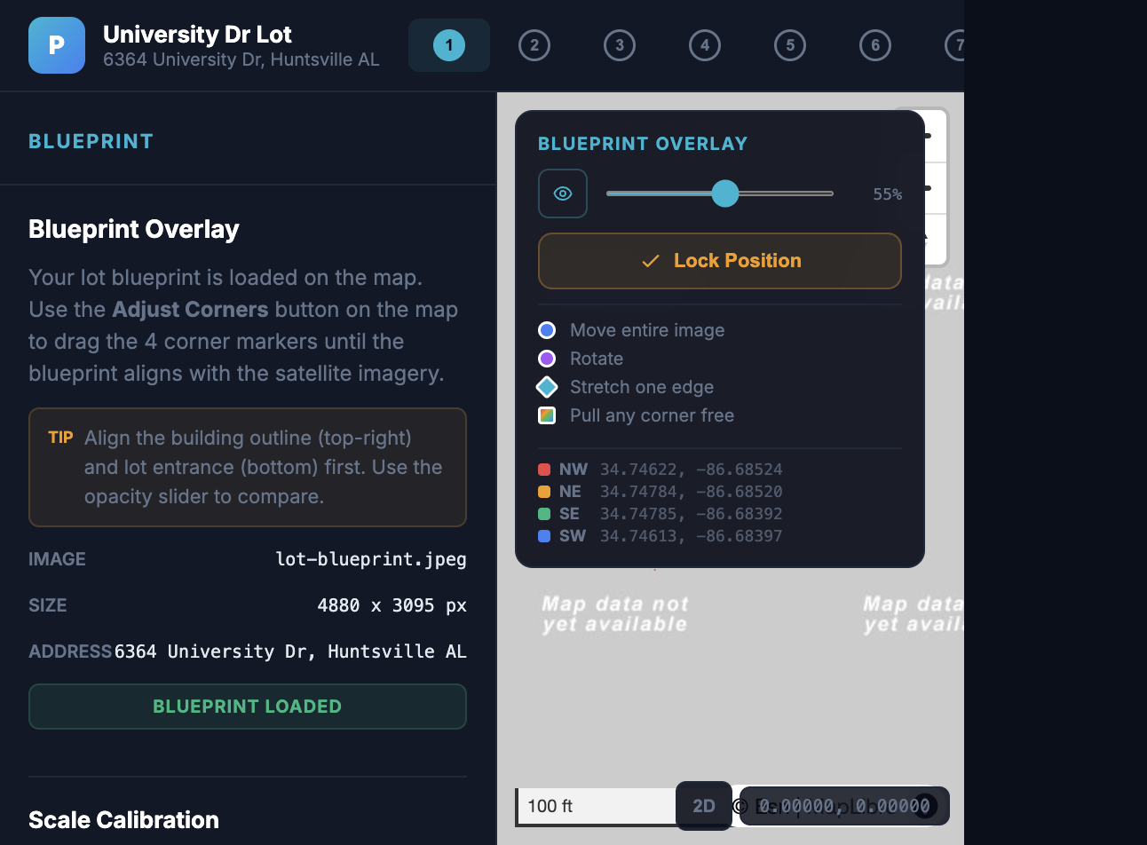 Parking GIS live app showing the overlay adjustment controls
