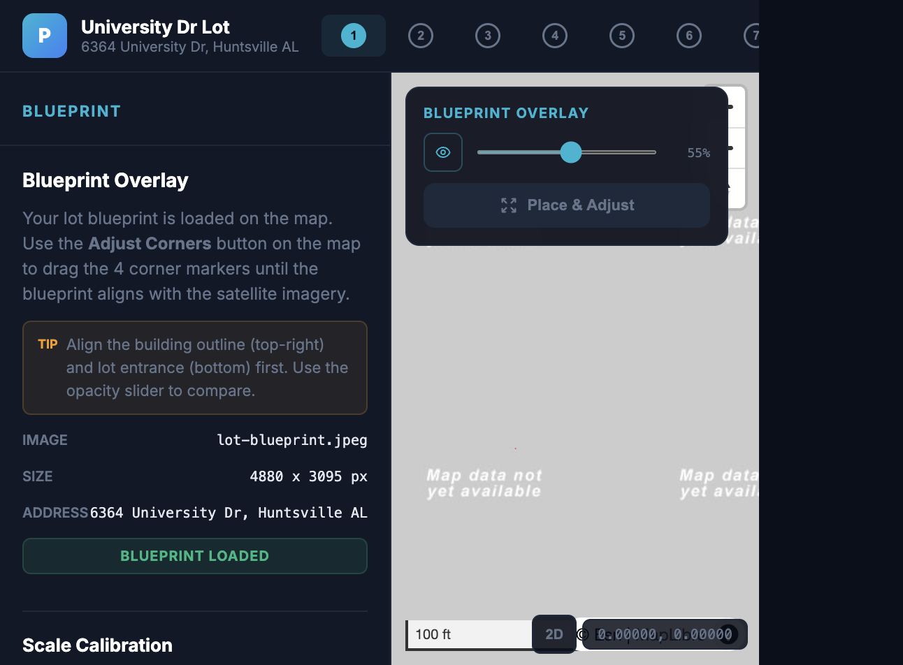 Parking GIS live app showing the blueprint overlay view