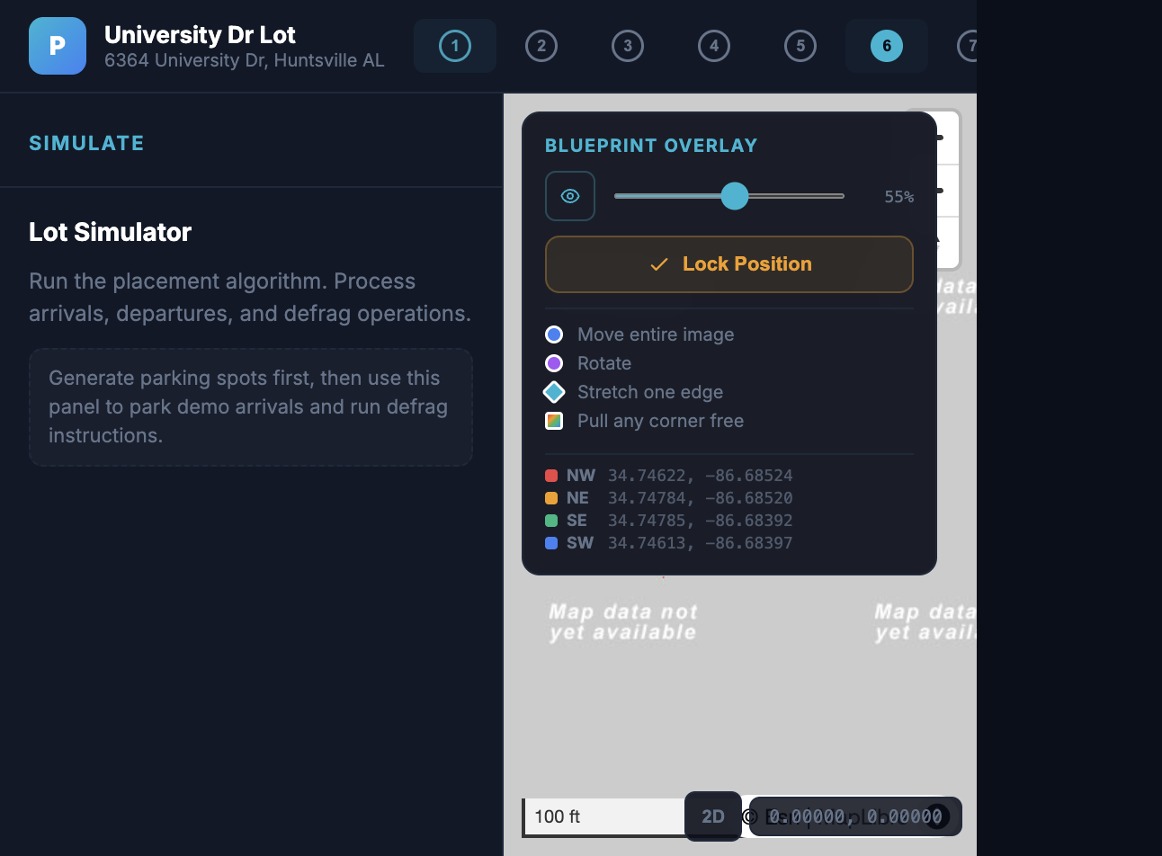 Parking GIS live app showing the simulator workflow panel