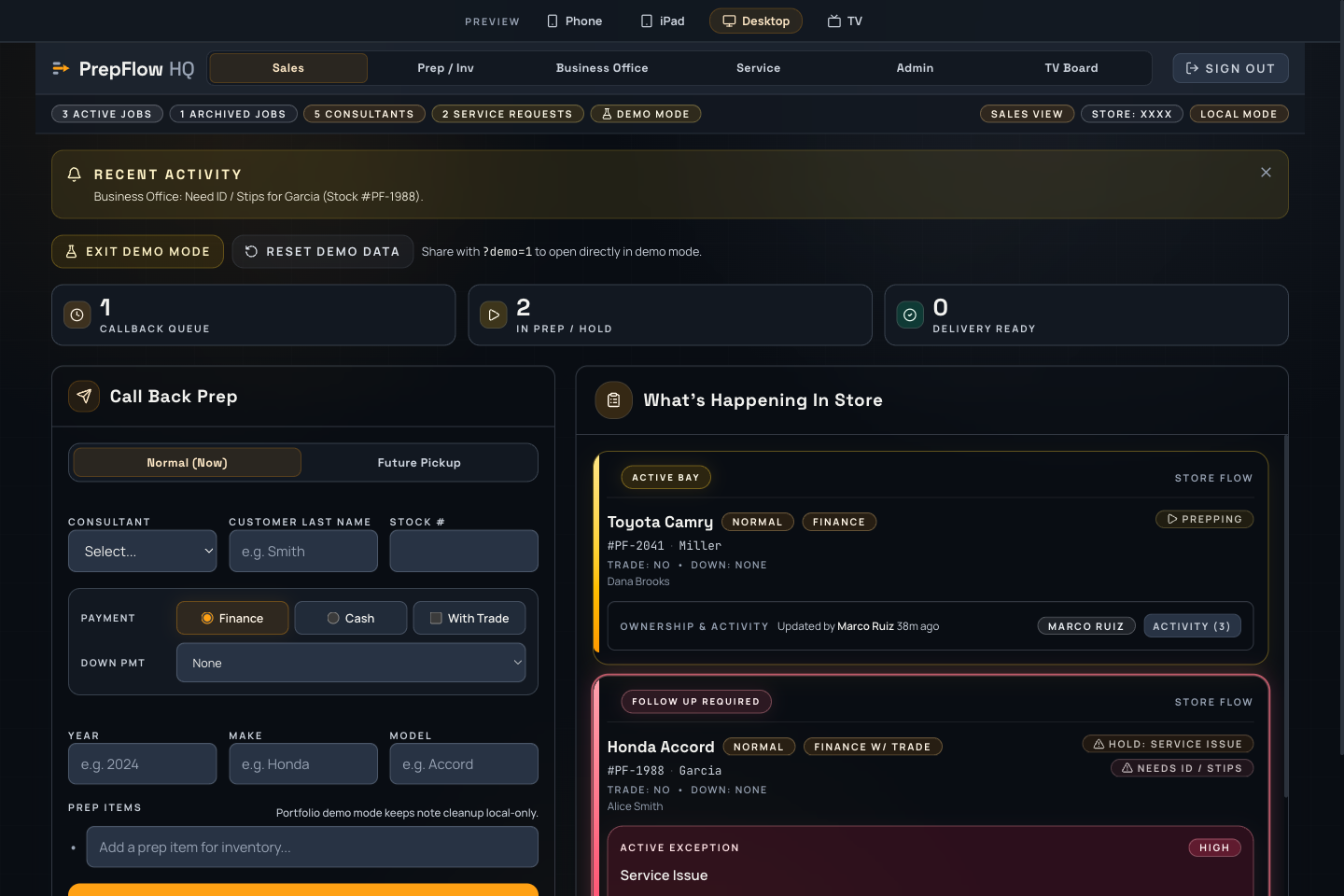 PrepFlow Sales dashboard showing vehicle handoffs and active delivery tasks